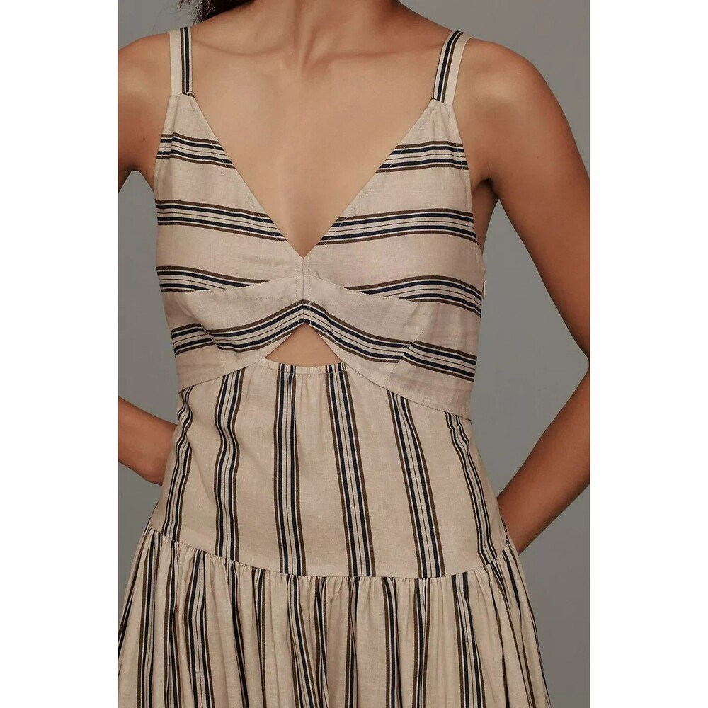 Anthropologie Plenty Linen Fit & Flare Midi Dress L Beige Striped Cutout Tiered - Picture 4 of 16